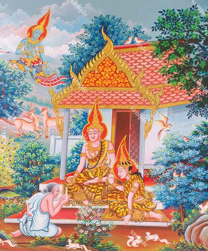 งานศิลปะตอนท้าวสักกะเทวราชแปลงกายเป็นพราหมณ์ชรามาทูลขอพระนางมัทรีเพื่อลองใจก่อนที่จะทรงถวายคืนและประสาทพรให้
