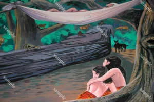 ภาพมหาราชโทนมืดในป่า มีตัวละครนั่งหลบใต้ผ้าและสัตว์ยามค่ำคืน เหมาะใช้สร้างบรรยากาศลุ่มลึกชวนติดตามต่อ