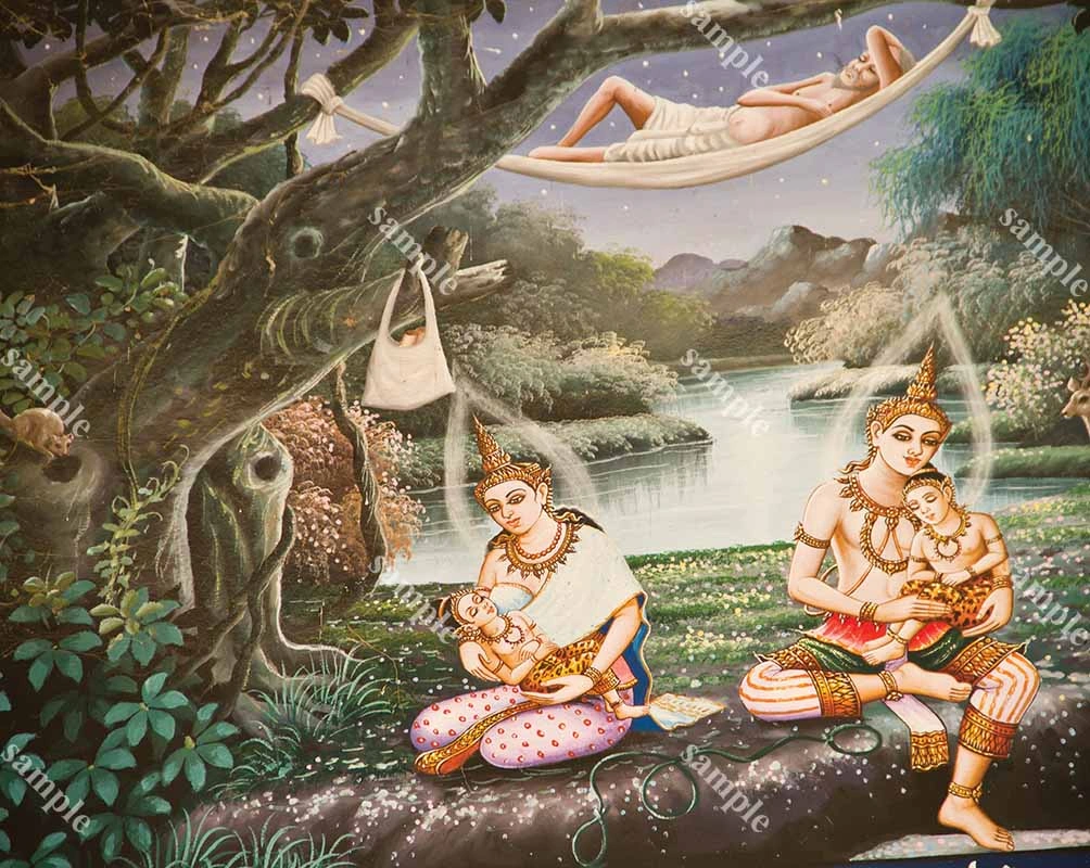 ภาพกัณฑ์ที่ 11 ฉากครอบครัวใต้ต้นไม้ยามค่ำ มีเปลผูกกิ่งไม้และสายน้ำด้านหลัง ให้บรรยากาศอบอุ่นและลึกซึ้ง