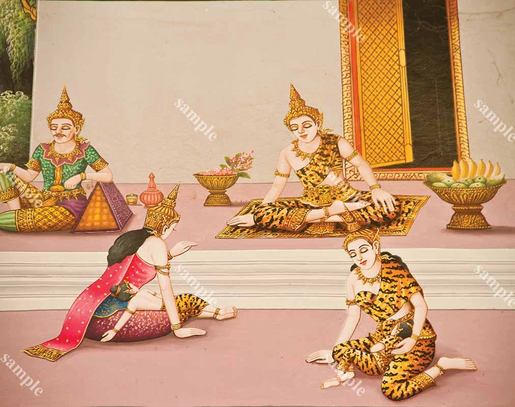 ภาพกัณฑ์ที่ 12 ฉากในเรือนไทย มีตัวละครหลายคนและเครื่องสักการะ โทนสีเรียบนุ่ม เหมาะประกอบเนื้อหาห้องพระ