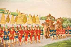ภาพกัณฑ์ที่ 13 ฉากขบวนแห่ยิ่งใหญ่ มีทหาร ช้าง และเครื่องสูงสีทองแดง แสดงความอลังการของศิลปะไทยชัดเจน