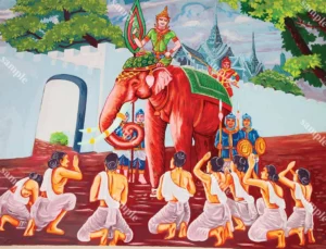 ภาพนครกัณฑ์มีช้างทรงเครื่องหน้ากำแพงเมือง ผู้คนกราบรับขบวน สีแดงเขียวสดช่วยให้ผนังดูยิ่งใหญ่และเป็นพิธี