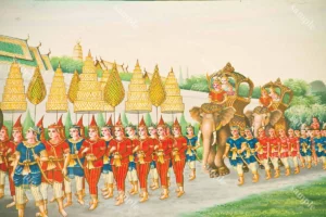 งานศิลปะไทยตอนพระเวสสันดรและพระนางมัทรีทรงช้างคู่บารมีเสด็จนิวัติต่างพระนครท่ามกลางกองทัพทหารขบวนเสลี่ยงและประชาชนอย่างสมพระเกียรติ