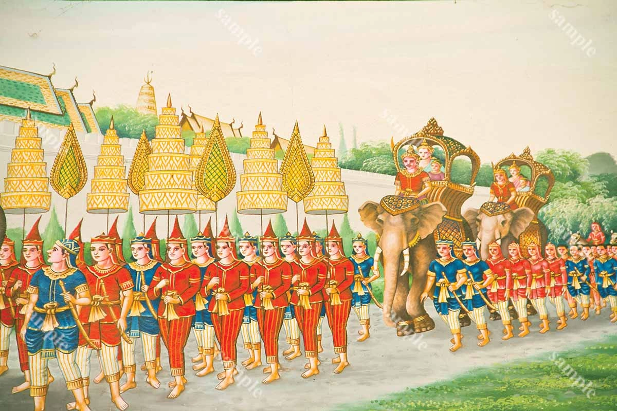 งานศิลปะไทยตอนพระเวสสันดรและพระนางมัทรีทรงช้างคู่บารมีเสด็จนิวัติต่างพระนครท่ามกลางกองทัพทหารขบวนเสลี่ยงและประชาชนอย่างสมพระเกียรติ