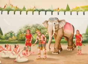 ภาพวาดลายไทยตอนพระเวสสันดรทรงหลั่งน้ำทักษิโณทกยกช้างปัจจัยนาเคนทร์ให้แก่พราหมณ์จากเมืองกลิงคราษฎร์ที่มาทูลขอช้างคู่บารมี