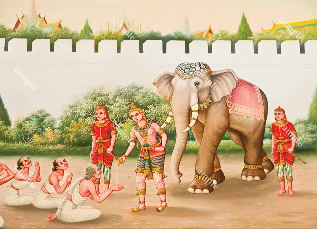ภาพวาดลายไทยตอนพระเวสสันดรทรงหลั่งน้ำทักษิโณทกยกช้างปัจจัยนาเคนทร์ให้แก่พราหมณ์จากเมืองกลิงคราษฎร์ที่มาทูลขอช้างคู่บารมี