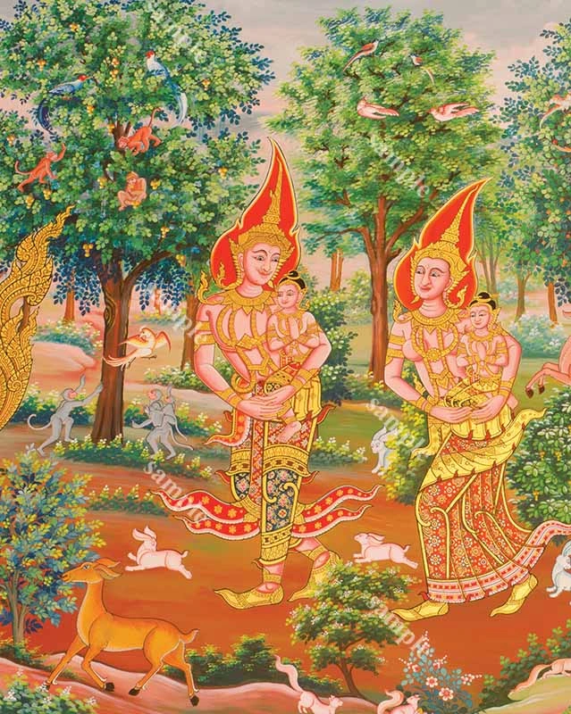 ภาพวาดฝาผนังตอนสี่กษัตริย์ทรงดำเนินด้วยพระบาทเข้าสู่ป่าใหญ่ท่ามกลางสิงสาราสัตว์หลังจากที่ทรงสละราชรถและม้าให้แก่พราหมณ์