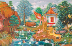 จิตรกรรมฝาผนังตอนพระเวสสันดรทรงหลั่งน้ำยกพระชาลีและพระกัณหาให้แก่ชูชกในขณะที่เด็กทั้งสองซ่อนตัวอยู่ในสระบัว