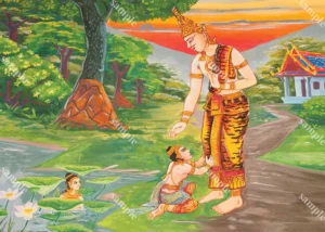 ภาพกุมารอีกมุมหนึ่ง มีตัวละครยืนไหว้ท่ามกลางสัตว์ป่าและผืนป่าเข้ม เหมาะกับงานผนังที่ต้องการฉากธรรมชาติ