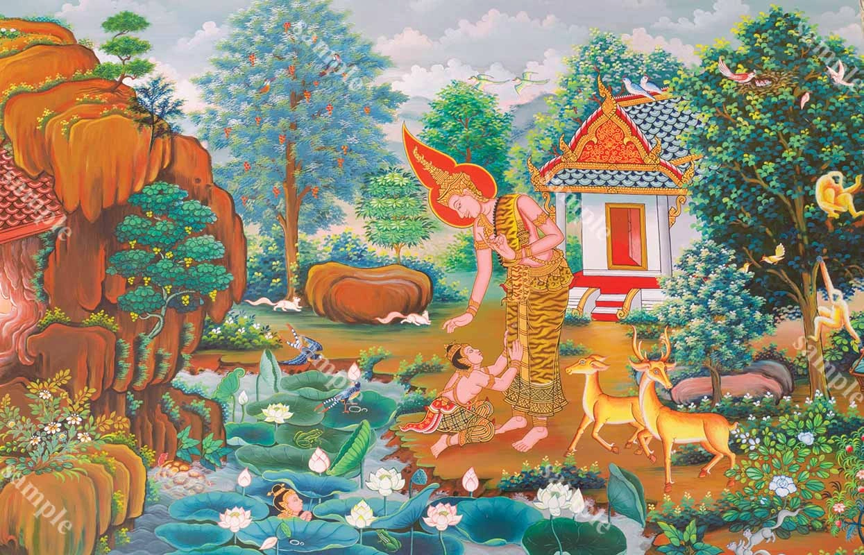 จิตรกรรมฝาผนังตอนพระเวสสันดรทรงหลั่งน้ำยกพระชาลีและพระกัณหาให้แก่ชูชกในขณะที่เด็กทั้งสองซ่อนตัวอยู่ในสระบัว