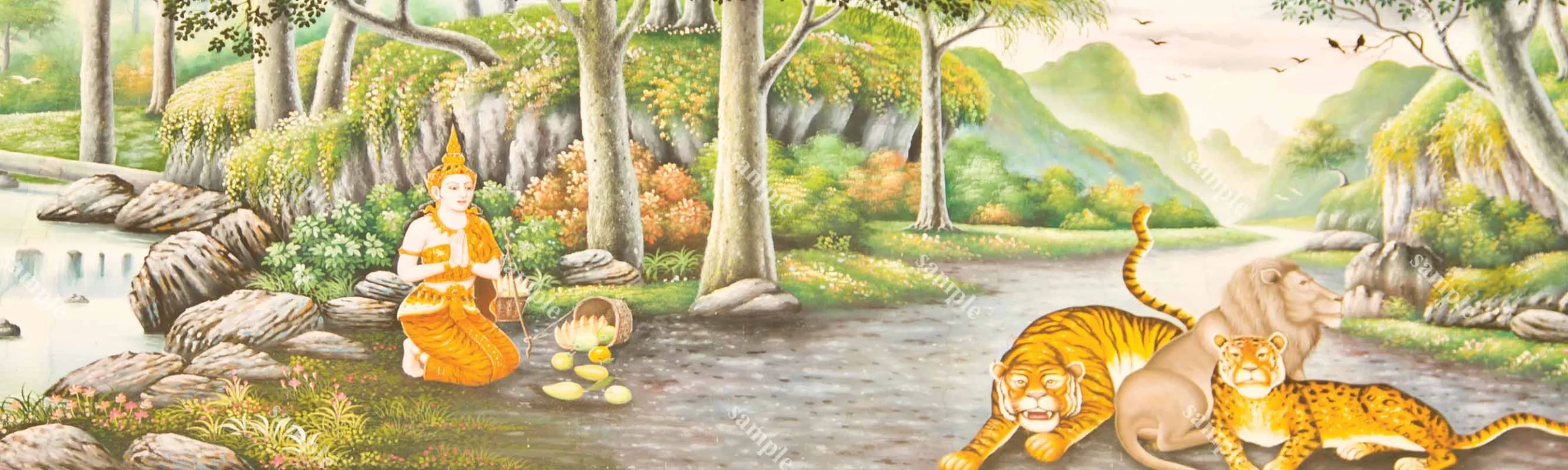 ภาพกัณฑ์ที่ 9 ฉากป่ากว้างกับสัตว์ใหญ่ เสือ สิงโต และเสือดาว มีตัวละครนั่งสงบ เหมาะใช้เป็นภาพเล่าเรื่องช่วงสำคัญ
