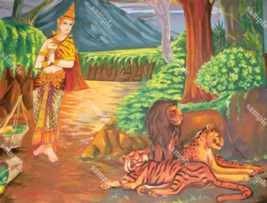 ภาพมัทรีในป่า มีเสือ สิงโต และสัตว์ป่ารอบตัว รายละเอียดสีสด เหมาะเป็นภาพหลักสำหรับผนังที่ต้องการความโดดเด่น