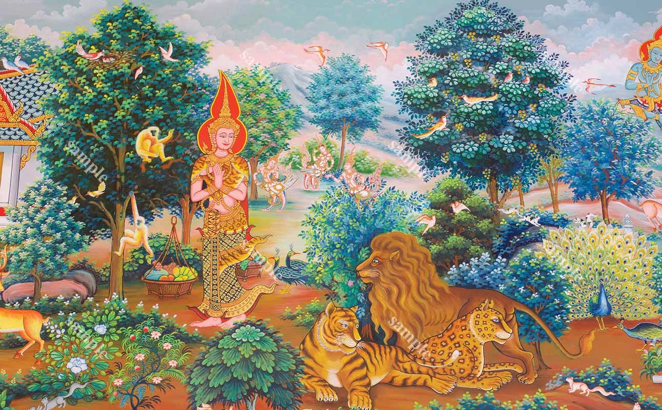 ภาพลายไทยตอนเทพบุตรสามองค์แปลงกายเป็นเสือโคร่งเสือเหลืองและสิงโตมานอนขวางทางเพื่อไม่ให้พระนางมัทรีกลับอาศรมได้ทันเวลา