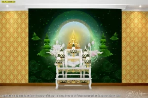 ฉากบูชาพระโทนเขียวเข้ม แทรกกลุ่มเมฆและดอกบัวขาว เหมาะกับพื้นที่สวดมนต์ที่ต้องการความนิ่ง