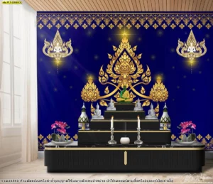 ไอเดียตกแต่งผนังห้องพระขนาดใหญ่ด้วยงานพิมพ์ลวดลายเทวดาและพุ่มข้าวบิณฑ์สีเหลืองทองอร่ามบนพื้นหลังโทนสีน้ำเงินเข้มหรูหราสไตล์ร่วมสมัย