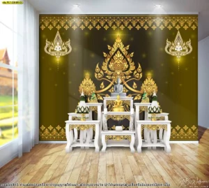 ฉากหลังห้องพระดีไซน์หรูหราโทนสีน้ำตาลเข้มประดับลวดลายกนกซุ้มพุ่มข้าวบิณฑ์สีทองอร่ามจัดวางคู่กับชุดโต๊ะหมู่บูชาไม้โมเดิร์นสีขาวคิ้วทองอย่างลงตัว