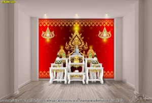 แบบฉากหลังห้องพระลายไทยโบราณโทนสีแดงมงคลตกแต่งด้วยลายกนกสีทองคำเปลวพร้อมการจัดวางโต๊ะหมู่บูชาไม้สีขาวครีมดูสะอาดตาสง่างามน่าเลื่อมใส