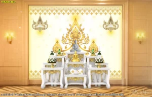 ดีไซน์การตกแต่งภายในห้องพระสุดหรูหราด้วยผนังสีเหลืองทองนวลตาประดับลายพุทธศิลป์ชั้นสูงคู่กับโต๊ะหมู่บูชาสีขาวขอบทองเสริมความโอ่อ่าให้พื้นที่