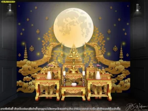 ไอเดียห้องพระสไตล์โมเดิร์นทรอปิคอลโดดเด่นด้วยภาพพิมพ์กราฟิกดวงจันทร์เต็มดวงขนาดใหญ่และลวดลายพญานาคคู่สีทองบนฉากหลังสีครามเข้มดูสงบเยือกเย็น