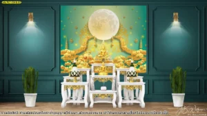 การตกแต่งผนังห้องพระสีเขียวพาสเทลสไตล์มินิมอลผสานภาพพระจันทร์ทรงกลมโตและลายกนกเครือเถาอ่อนช้อยติดตั้งร่วมกับโต๊ะหมู่บูชาไม้สีขาวโมเดิร์น