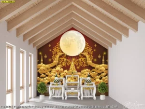 โครงสร้างสถาปัตยกรรมห้องพระใต้หลังคาจั่วไม้จำลองตกแต่งผนังประธานด้วยกราฟิกพระจันทร์นวลตาคู่ลายกนกสีทองคำดูโอ่อ่าตระการตาและสงบร่มเย็นเป็นสุข