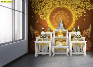 ฉากหลังห้องพระโทนน้ำตาลทอง อบอุ่นและมีพลัง ด้วยลายต้นโพธิ์ พญานาคคู่ และองค์พระเด่นกลางภาพ