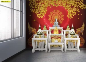 ฉากหลังห้องพระโทนแดงทอง ดูสง่างามและเข้มขลัง เหมาะกับผนังหลักของห้องสวดมนต์หรือพื้นที่บูชา