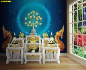 ฉากหลังห้องพระโทนน้ำเงิน มีลายต้นโพธิ์ทองกลางภาพ พร้อมหน้าต่างรับแสง เหมาะกับมุมบูชาภายในบ้าน
