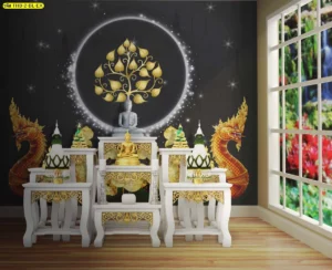 ฉากหลังห้องพระโทนดำเทา แสงวงกลมสีขาวช่วยขับองค์พระและลายต้นโพธิ์ทองให้ดูเด่นอย่างมีระดับขึ้น