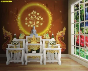 ฉากหลังห้องพระโทนน้ำตาลทอง บรรยากาศอบอุ่น พร้อมพญานาคคู่และเงาวัดไทย เหมาะกับห้องพระส่วนตัว