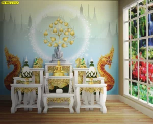 ฉากหลังห้องพระโทนฟ้าอ่อน มีเงาวัดไทยและลายต้นโพธิ์ทอง ให้ความรู้สึกสว่าง สงบ และสบายสายตายิ่งขึ้น