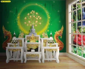 ฉากหลังห้องพระโทนเขียวทอง ผสานลายพญานาคคู่กับแสงนุ่มด้านหลังองค์พระ เหมาะกับงานตกแต่งห้องพระ