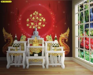 ฉากหลังห้องพระโทนแดงทอง จัดวางองค์ประกอบสมดุล มีพญานาคคู่ ลายต้นโพธิ์ และโต๊ะหมู่บูชาสีขาว