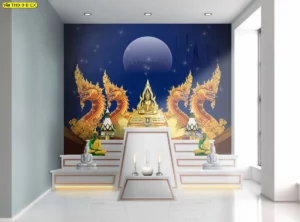 ภาพจำลองห้องพระโทนน้ำเงินเข้ม มีพญานาคสีทองล้อมองค์พระและแสงดาวบนฉากหลัง เหมาะสำหรับโชว์งานออกแบบผนังบูชาพระ