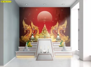 ภาพจำลองห้องพระโทนแดงเข้ม มีพญานาคสีทองคู่ล้อมฐานพระกลางผนัง ช่วยให้เห็นบรรยากาศงานศิลป์ไทยแบบสง่างาม