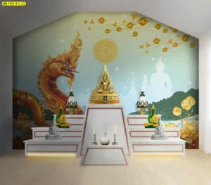 ภาพจำลองผนังห้องพระทรงจั่ว โทนเขียวอ่อน มีพญานาคขนาดใหญ่ ลายโพธิ์ทอง และเงาพระด้านหลัง ดูโปร่งสบายตาเป็นพิเศษ