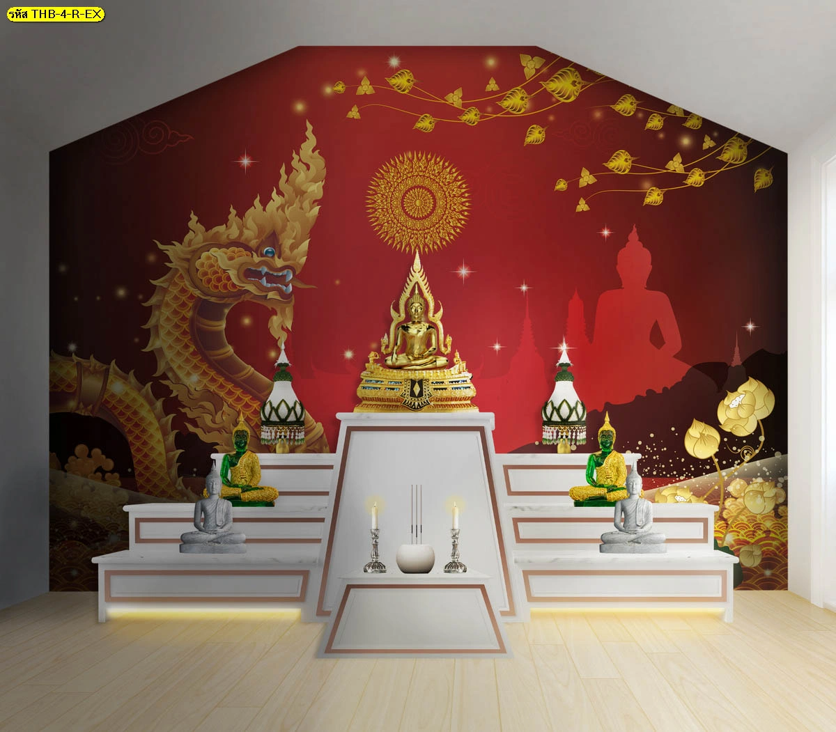 ภาพจำลองผนังห้องพระทรงจั่วโทนแดง มีองค์ประกอบพญานาค ใบโพธิ์ทอง และเงาพระ เหมาะกับงานตกแต่งที่ต้องการความเข้มขรึม