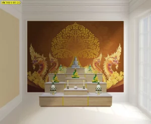 ภาพจำลองห้องพระกรอบผนังสีน้ำตาลทอง มีต้นโพธิ์เด่นกลางภาพ พญานาคซ้ายขวา และแท่นบูชาลายไม้ดูเป็นระเบียบ
