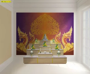 ภาพจำลองห้องพระโทนม่วงน้ำตาล มีต้นโพธิ์สีทอง พญานาคสองฝั่ง และชั้นวางพระลายไม้ เหมาะกับพื้นที่บูชาแบบร่วมสมัย