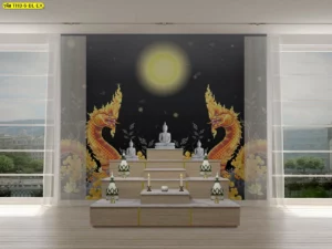 ภาพจำลองห้องพระโทนดำเทา มีพญานาคคู่และแสงวงกลมกลางผนัง จัดร่วมกับหน้าต่างสูงสองด้านให้บรรยากาศสงบและมีมิติ