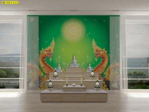 ภาพจำลองห้องพระโทนเขียว มีพญานาคคู่และแสงกลางผนัง จัดฉากร่วมกับม่านโปร่งและพื้นไม้เพื่อให้เห็นภาพรวมก่อนผลิต
