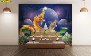 ภาพจำลองห้องพระผนังกว้างโทนน้ำเงินม่วง มีพญานาคขนาดใหญ่ ดอกบัว และแสงดาว เหมาะสำหรับพื้นที่บูชาขนาดใหญ่