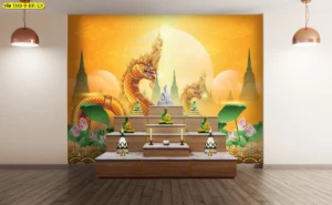 ภาพจำลองห้องพระผนังกว้างโทนทองสว่าง มีพญานาค ดอกบัว และฉากเจดีย์ด้านหลัง ช่วยให้พื้นที่ดูอบอุ่นและโดดเด่น