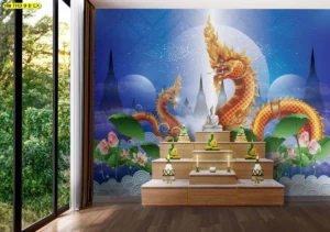 ภาพจำลองห้องพระติดกระจกโทนน้ำเงิน มีพญานาคและดอกบัวหน้าฉากธรรมชาติด้านซ้าย เหมาะกับการนำเสนอผลงานภายใน