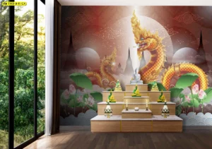 ภาพจำลองห้องพระติดกระจกโทนแดงน้ำตาล มีพญานาคสีทองและดอกบัวประกอบผนัง ช่วยให้เห็นบรรยากาศห้องบูชาที่หรูอบอุ่น