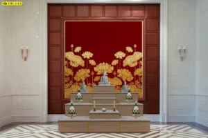 ภาพผนังห้องพระพื้นแดงทอง ลายดอกบัวไทย จัดร่วมแท่นบูชาไม้และฉากกรอบผนังคลาสสิก เหมาะสำหรับห้องพระ วัด และพื้นที่สวดมนต์พุทธ