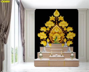 ภาพตกแต่งผนังห้องพระพื้นดำ ลายดอกบัวสีทองเด่น จัดองค์ประกอบสมมาตรกับแท่นบูชาไม้ เหมาะสำหรับห้องพระ วัด และพื้นที่สวดมนต์พุทธ