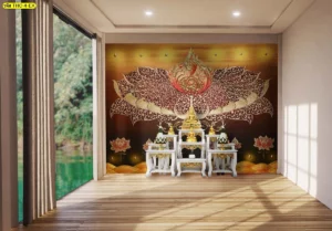 ภาพผนังห้องพระโทนน้ำตาลทอง ลายไทยวิจิตรพร้อมดอกบัว เหมาะกับพื้นที่สวดมนต์สงบ เหมาะสำหรับห้องพระ วัด และพื้นที่สวดมนต์พุทธ