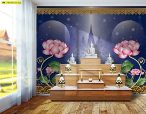 ภาพผนังห้องพระโทนน้ำเงินเข้ม ลายดอกบัวชมพูคู่ฉากวัดไทย ให้บรรยากาศสงบลึก เหมาะสำหรับห้องพระ วัด และพื้นที่สวดมนต์พุทธ
