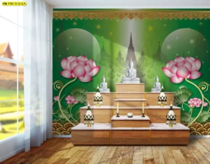 ภาพผนังห้องพระโทนเขียว ลายดอกบัวชมพูและใบบัว จัดกับแท่นบูชาไม้ให้ดูสว่างสบายตา เหมาะสำหรับห้องพระ วัด และพื้นที่สวดมนต์พุทธ